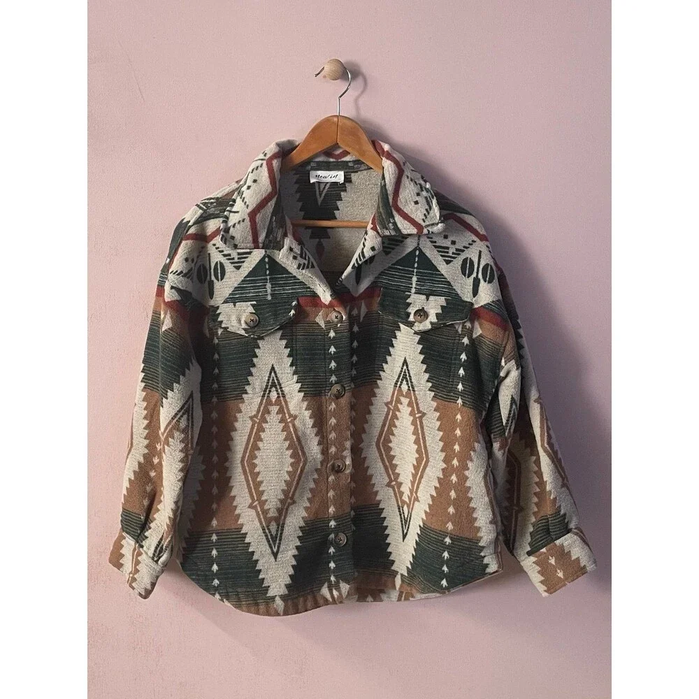 New In Green, Brown, Tan, Rust Tribal Printed Shirt Jacket